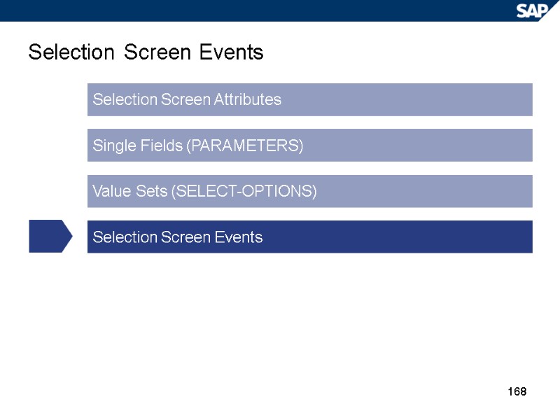 168 Selection Screen Events Selection Screen Attributes Single Fields (PARAMETERS) Value Sets (SELECT-OPTIONS) Selection